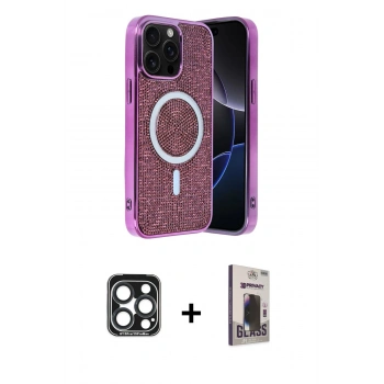 MARSİLYAN™- iPhone 15 Pro Max Kılıf Eksen Çizgi - Siyah Bilvis Hayalet Cam Ekran Koruyucu + PVD Metal Kamera Lens - LT