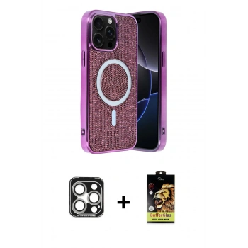 MARSİLYAN™- iPhone 15 Pro Max Kılıf Eksen Çizgi - Siyah Buffer Cam Ekran Koruyucu + PVD Metal Kamera Lens - GS