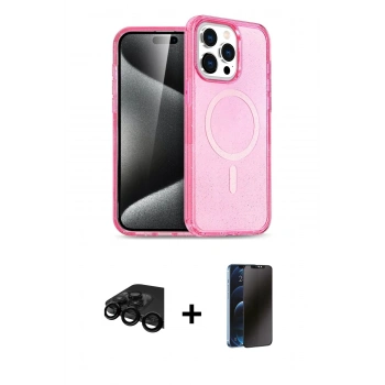 MARSİLYAN™- iPhone 15 Pro Max Kılıf Eksen Doku Koleksiyonu - Siyah 3D Antistatik Hayalet Cam Ekran Koruyucu + Raze Metal Kamera Lens - SH