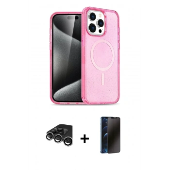 MARSİLYAN™- iPhone 15 Pro Max Kılıf Eksen Doku Koleksiyonu - Siyah 3D Antistatik Hayalet Cam Ekran Koruyucu + Raze Metal Kamera Lens - GS