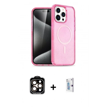 MARSİLYAN™- iPhone 15 Pro Max Kılıf Eksen Doku Koleksiyonu - Siyah Bilvis 0.18mm Plus Cam Ekran Koruyucu + PVD Metal Kamera Lens - TU