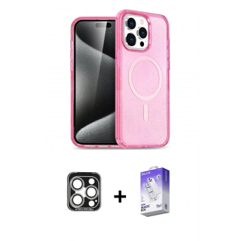 MARSİLYAN™- iPhone 15 Pro Max Kılıf Eksen Doku Koleksiyonu - Siyah Bilvis 5in1 3D Magic Cam Ekran Koruyucu + PVD Metal Kamera Lens - GS