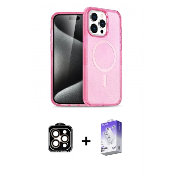 MARSİLYAN™- iPhone 15 Pro Max Kılıf Eksen Doku Koleksiyonu - Siyah Bilvis 5in1 3D Magic Cam Ekran Koruyucu + PVD Metal Kamera Lens - TU