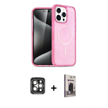 MARSİLYAN™- iPhone 15 Pro Max Kılıf Eksen Doku Koleksiyonu - Siyah Bilvis Hayalet Cam Ekran Koruyucu + PVD Metal Kamera Lens - GI