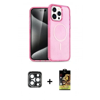 MARSİLYAN™- iPhone 15 Pro Max Kılıf Eksen Doku Koleksiyonu - Siyah Buffer Cam Ekran Koruyucu + PVD Metal Kamera Lens - LT