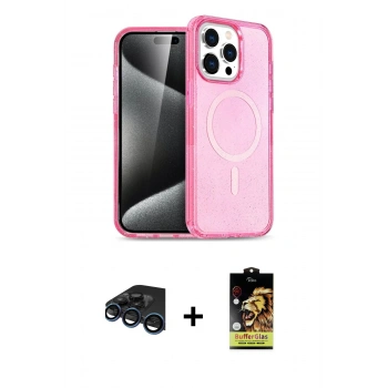 MARSİLYAN™- iPhone 15 Pro Max Kılıf Eksen Doku Koleksiyonu - Siyah Buffer Cam Ekran Koruyucu + Raze Metal Kamera Lens - LT