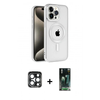MARSİLYAN™- iPhone 15 Pro Max Kılıf Eksen Form Koleksiyonu - Şeffaf 360 Full Body Arka Koruyucu + PVD Metal Kamera Lens - LT