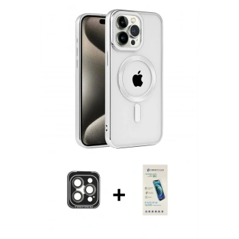 MARSİLYAN™- iPhone 15 Pro Max Kılıf Eksen Form Koleksiyonu - Şeffaf Pasifik Cam Ekran Koruyucu + PVD Metal Kamera Lens - GI