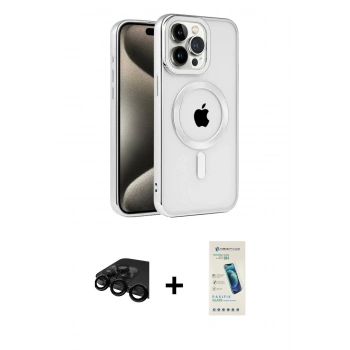 MARSİLYAN™- iPhone 15 Pro Max Kılıf Eksen Form Koleksiyonu - Şeffaf Pasifik Cam Ekran Koruyucu + Raze Metal Kamera Lens - SH