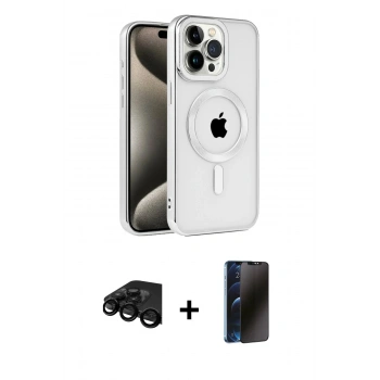 MARSİLYAN™- iPhone 15 Pro Max Kılıf Eksen Form Koleksiyonu - Siyah 3D Antistatik Hayalet Cam Ekran Koruyucu + Raze Metal Kamera Lens - SH