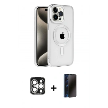 MARSİLYAN™- iPhone 15 Pro Max Kılıf Eksen Form Koleksiyonu - Siyah 3D Antistatik Hayalet Cam Ekran Koruyucu + PVD Metal Kamera Lens - GS