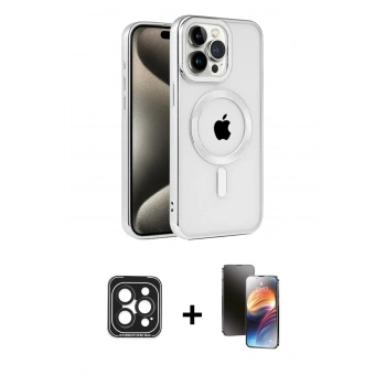 MARSİLYAN™- iPhone 15 Pro Max Kılıf Eksen Form Koleksiyonu - Siyah 3D Antistatik Mat Seramik Nano Ekran Koruyucu + PVD Metal Kamera Lens - SH