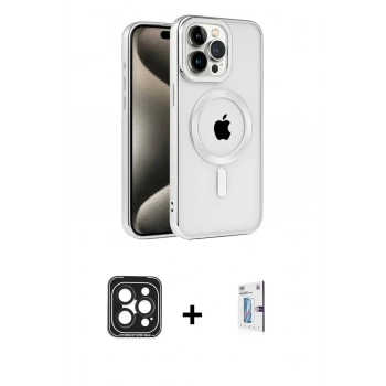 MARSİLYAN™- iPhone 15 Pro Max Kılıf Eksen Form Koleksiyonu - Siyah Bilvis 0.18mm Plus Cam Ekran Koruyucu + PVD Metal Kamera Lens - SH