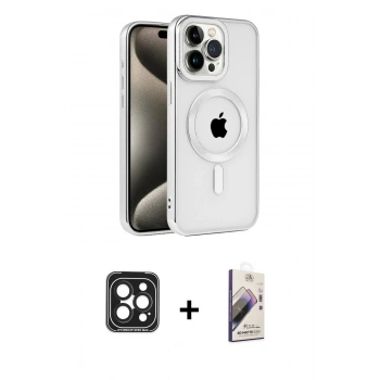 MARSİLYAN™- iPhone 15 Pro Max Kılıf Eksen Form Koleksiyonu - Siyah Bilvis 3D Mat Cam Ekran Koruyucu + PVD Metal Kamera Lens - SH