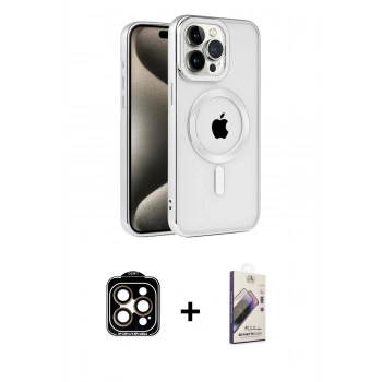 MARSİLYAN™- iPhone 15 Pro Max Kılıf Eksen Form Koleksiyonu - Siyah Bilvis 3D Mat Cam Ekran Koruyucu + PVD Metal Kamera Lens - TU