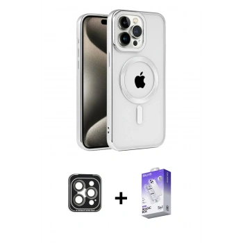MARSİLYAN™- iPhone 15 Pro Max Kılıf Eksen Form Koleksiyonu - Siyah Bilvis 5in1 3D Magic Cam Ekran Koruyucu + PVD Metal Kamera Lens - GI