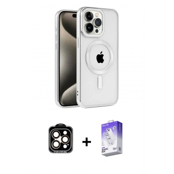 MARSİLYAN™- iPhone 15 Pro Max Kılıf Eksen Form Koleksiyonu - Siyah Bilvis 5in1 3D Magic Cam Ekran Koruyucu + PVD Metal Kamera Lens - TU