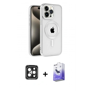 MARSİLYAN™- iPhone 15 Pro Max Kılıf Eksen Form Koleksiyonu - Siyah Bilvis 5in1 5D Magic Hayalet Cam Ekran Koruyucu + PVD Metal Kamera Lens - SH