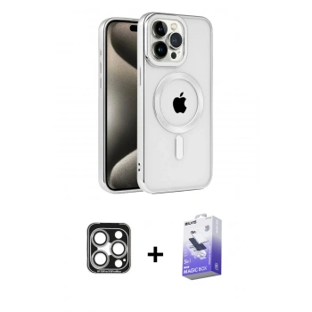 MARSİLYAN™- iPhone 15 Pro Max Kılıf Eksen Form Koleksiyonu - Siyah Bilvis 5in1 5D Magic Hayalet Cam Ekran Koruyucu + PVD Metal Kamera Lens - GS