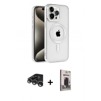 MARSİLYAN™- iPhone 15 Pro Max Kılıf Eksen Form Koleksiyonu - Siyah Bilvis Hayalet Cam Ekran Koruyucu + Raze Metal Kamera Lens - GS