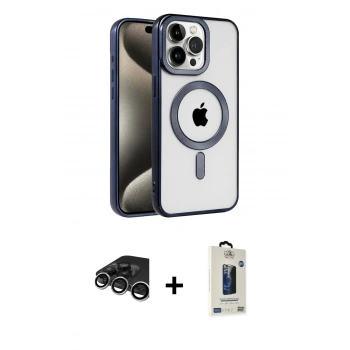 MARSİLYAN™- iPhone 15 Pro Max Kılıf Eksen Form Koleksiyonu - Siyah Bilvis Hayalet Cam Ekran Koruyucu + Raze Metal Kamera Lens - GS