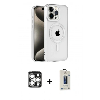 MARSİLYAN™- iPhone 15 Pro Max Kılıf Eksen Form Koleksiyonu - Siyah Bilvis Hayalet Cam Ekran Koruyucu + PVD Metal Kamera Lens - GS