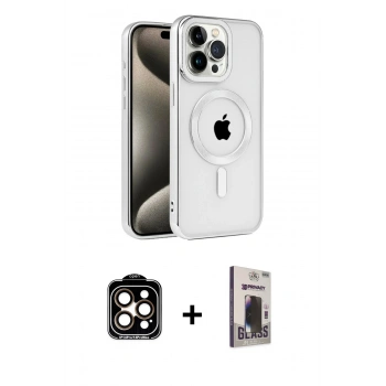 MARSİLYAN™- iPhone 15 Pro Max Kılıf Eksen Form Koleksiyonu - Siyah Bilvis Hayalet Cam Ekran Koruyucu + PVD Metal Kamera Lens - TU