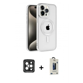 MARSİLYAN™- iPhone 15 Pro Max Kılıf Eksen Form Koleksiyonu - Siyah Bilvis Hayalet Cam Ekran Koruyucu + PVD Metal Kamera Lens - SH