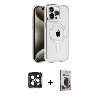 MARSİLYAN™- iPhone 15 Pro Max Kılıf Eksen Form Koleksiyonu - Siyah Bilvis Hayalet Cam Ekran Koruyucu + PVD Metal Kamera Lens - SH