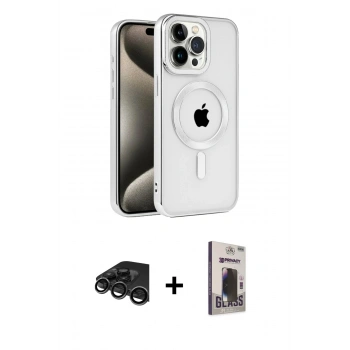 MARSİLYAN™- iPhone 15 Pro Max Kılıf Eksen Form Koleksiyonu - Siyah Bilvis Hayalet Cam Ekran Koruyucu + Raze Metal Kamera Lens - TMGI