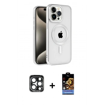 MARSİLYAN™- iPhone 15 Pro Max Kılıf Eksen Form Koleksiyonu - Siyah Buffer Hayalet Cam Ekran Koruyucu + PVD Metal Kamera Lens - LT