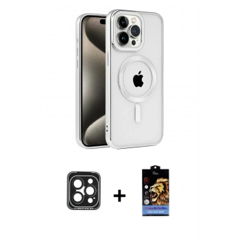 MARSİLYAN™- iPhone 15 Pro Max Kılıf Eksen Form Koleksiyonu - Siyah Buffer Hayalet Cam Ekran Koruyucu + PVD Metal Kamera Lens - SH