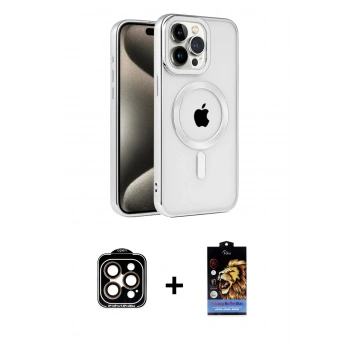 MARSİLYAN™- iPhone 15 Pro Max Kılıf Eksen Form Koleksiyonu - Siyah Buffer Hayalet Cam Ekran Koruyucu + PVD Metal Kamera Lens - TU