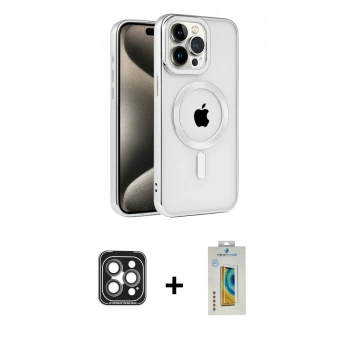 MARSİLYAN™- iPhone 15 Pro Max Kılıf Eksen Form Koleksiyonu - Siyah Polymer Nano Ekran Koruyucu + PVD Metal Kamera Lens - GI