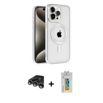 MARSİLYAN™- iPhone 15 Pro Max Kılıf Eksen Form Koleksiyonu - Siyah Polymer Nano Ekran Koruyucu + Raze Metal Kamera Lens - GS