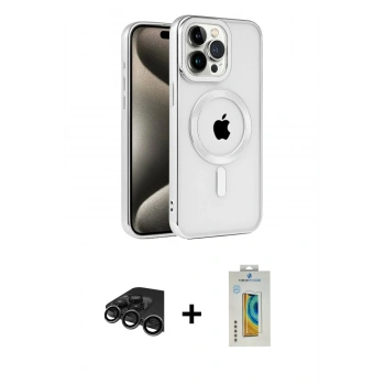 MARSİLYAN™- iPhone 15 Pro Max Kılıf Eksen Form Koleksiyonu - Siyah Polymer Nano Ekran Koruyucu + Raze Metal Kamera Lens - TMGI