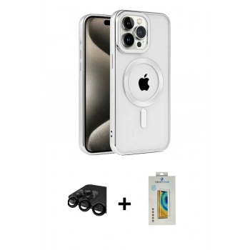MARSİLYAN™- iPhone 15 Pro Max Kılıf Eksen Form Koleksiyonu - Siyah Polymer Nano Ekran Koruyucu + Raze Metal Kamera Lens - SH