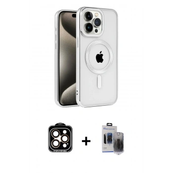 MARSİLYAN™- iPhone 15 Pro Max Kılıf Eksen Form Koleksiyonu - Siyah Vanessa Magic Hayalet Cam + PVD Metal Kamera Lens - TU