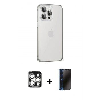 MARSİLYAN™- iPhone 15 Pro Max Kılıf Eksen Form Serisi - Siyah 3D Antistatik Hayalet Cam Ekran Koruyucu + PVD Metal Kamera Lens - GS