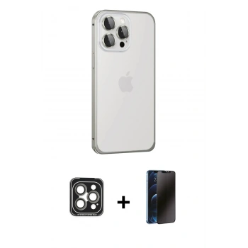 MARSİLYAN™- iPhone 15 Pro Max Kılıf Eksen Form Serisi - Siyah 3D Antistatik Hayalet Cam Ekran Koruyucu + PVD Metal Kamera Lens - GI