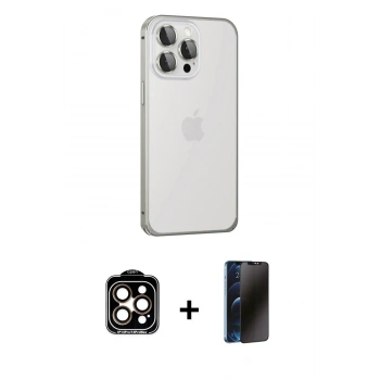 MARSİLYAN™- iPhone 15 Pro Max Kılıf Eksen Form Serisi - Siyah 3D Antistatik Hayalet Cam Ekran Koruyucu + PVD Metal Kamera Lens - TU