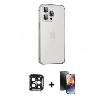 MARSİLYAN™- iPhone 15 Pro Max Kılıf Eksen Form Serisi - Siyah 3D Antistatik Mat Seramik Nano Ekran Koruyucu + PVD Metal Kamera Lens - SH