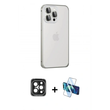 MARSİLYAN™- iPhone 15 Pro Max Kılıf Eksen Form Serisi - Siyah 3D Antistatik Seramik Nano Ekran Koruyucu + PVD Metal Kamera Lens - SH
