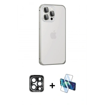 MARSİLYAN™- iPhone 15 Pro Max Kılıf Eksen Form Serisi - Siyah 3D Antistatik Seramik Nano Ekran Koruyucu + PVD Metal Kamera Lens - LT