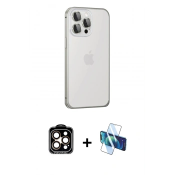 MARSİLYAN™- iPhone 15 Pro Max Kılıf Eksen Form Serisi - Siyah 3D Antistatik Seramik Nano Ekran Koruyucu + PVD Metal Kamera Lens - TU