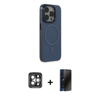 MARSİLYAN™- iPhone 15 Pro Max Kılıf Eksen Işık Prime - Siyah 3D Antistatik Hayalet Cam Ekran Koruyucu + PVD Metal Kamera Lens - GI