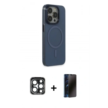 MARSİLYAN™- iPhone 15 Pro Max Kılıf Eksen Işık Prime - Siyah 3D Antistatik Hayalet Cam Ekran Koruyucu + PVD Metal Kamera Lens - LT