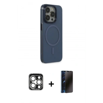 MARSİLYAN™- iPhone 15 Pro Max Kılıf Eksen Işık Prime - Siyah 3D Antistatik Hayalet Cam Ekran Koruyucu + PVD Metal Kamera Lens - GS