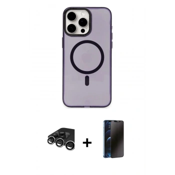 MARSİLYAN™- iPhone 15 Pro Max Kılıf Eksen Işık Prime - Siyah 3D Antistatik Hayalet Cam Ekran Koruyucu + Raze Metal Kamera Lens - GS