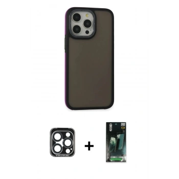 MARSİLYAN™- iPhone 15 Pro Max Kılıf Eksen Işık - Siyah 360 Mat Full Body Arka Koruyucu + PVD Metal Kamera Lens - LT